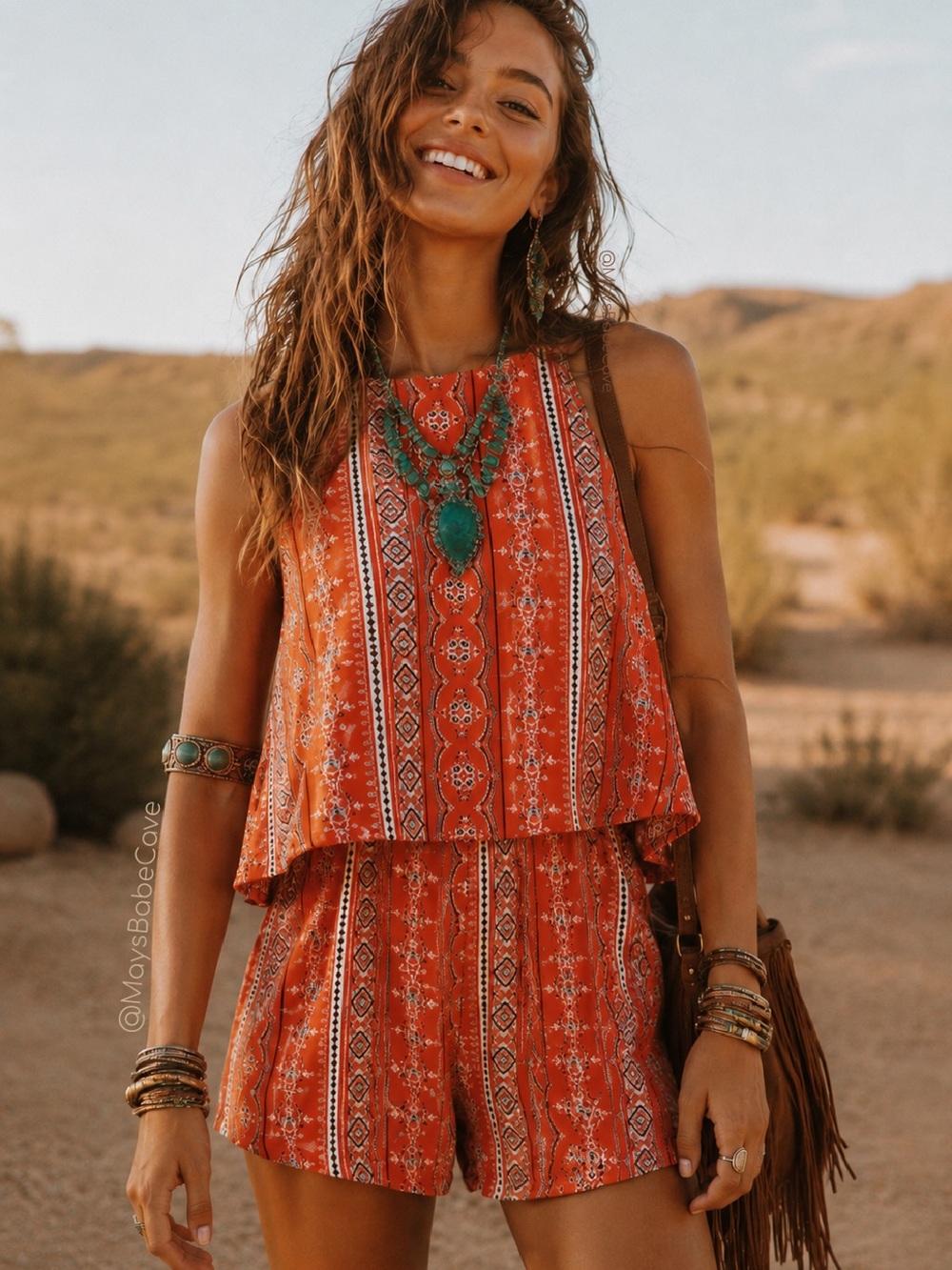 Sadie & Sage Red Orange Popover Aztec Boho Romper